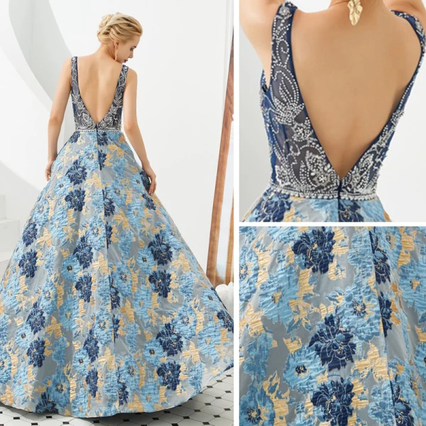 Best Navy Blue Jacquard Prom Dresses 2019 A-Line / Princess Deep V-Neck Sleeveless Beading Rhinestone Floor-Length / Long Ruffle Backless Formal Dresses