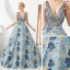 Best Navy Blue Jacquard Prom Dresses 2019 A-Line / Princess Deep V-Neck Sleeveless Beading Rhinestone Floor-Length / Long Ruffle Backless Formal Dresses