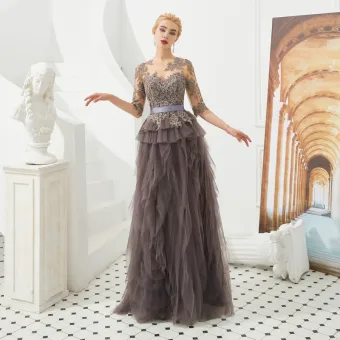 Illusion Brown See Through Evening Dresses 2019 A Line Princess Scoop Neck 1 2 Sleeves Sash Appliques Lace Floor Length Long Cascading Ruffles Formal Dresses