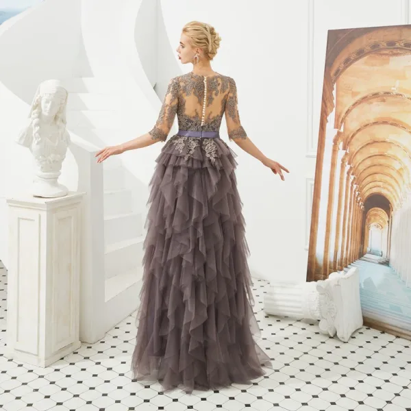 Illusion Brown See-through Evening Dresses 2019 A-Line / Princess Scoop Neck 1/2 Sleeves Sash Appliques Lace Floor-Length / Long Cascading Ruffles Formal Dresses
