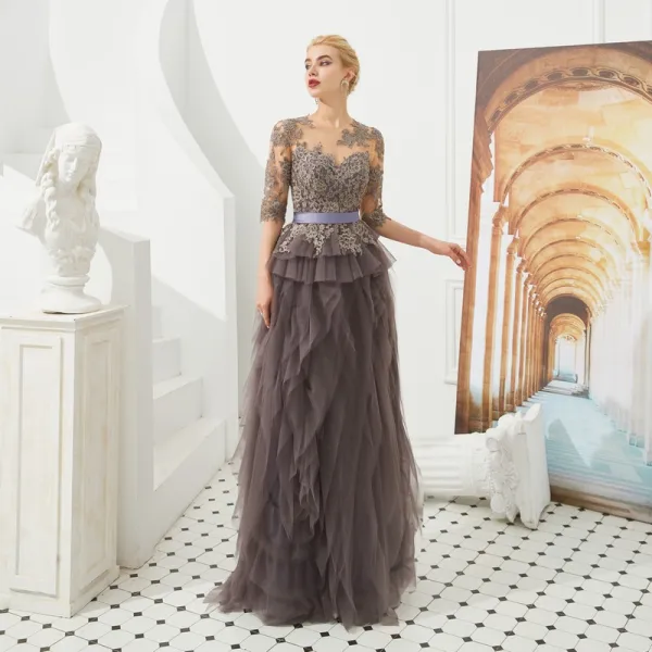 Illusion Brown See-through Evening Dresses 2019 A-Line / Princess Scoop Neck 1/2 Sleeves Sash Appliques Lace Floor-Length / Long Cascading Ruffles Formal Dresses