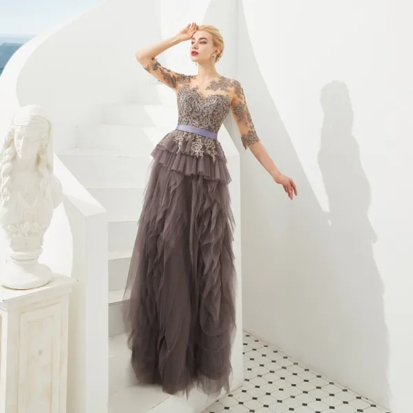 Illusion Brown See-through Evening Dresses 2019 A-Line / Princess Scoop Neck 1/2 Sleeves Sash Appliques Lace Floor-Length / Long Cascading Ruffles Formal Dresses