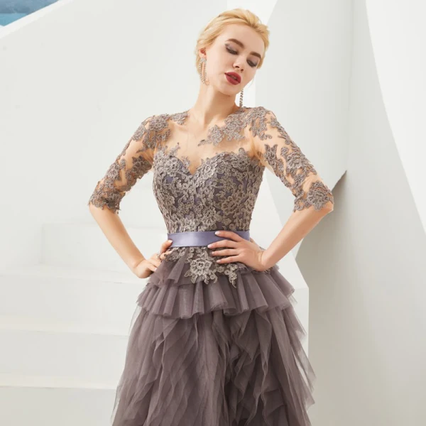 Illusion Brown See-through Evening Dresses 2019 A-Line / Princess Scoop Neck 1/2 Sleeves Sash Appliques Lace Floor-Length / Long Cascading Ruffles Formal Dresses