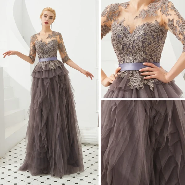 Illusion Brown See-through Evening Dresses 2019 A-Line / Princess Scoop Neck 1/2 Sleeves Sash Appliques Lace Floor-Length / Long Cascading Ruffles Formal Dresses
