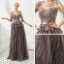 Illusion Brown See-through Evening Dresses  2019 A-Line / Princess Scoop Neck 1/2 Sleeves Sash Appliques Lace Floor-Length / Long Cascading Ruffles Formal Dresses