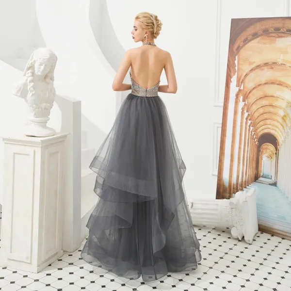 Luxury / Gorgeous Grey Evening Dresses 2019 A-Line / Princess Halter Sleeveless Beading Floor-Length / Long Cascading Ruffles Backless Formal Dresses
