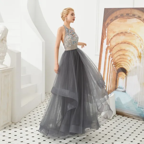 Luxury / Gorgeous Grey Evening Dresses 2019 A-Line / Princess Halter Sleeveless Beading Floor-Length / Long Cascading Ruffles Backless Formal Dresses