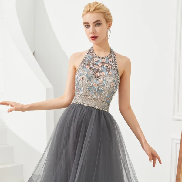 Luxury / Gorgeous Grey Evening Dresses 2019 A-Line / Princess Halter Sleeveless Beading Floor-Length / Long Cascading Ruffles Backless Formal Dresses