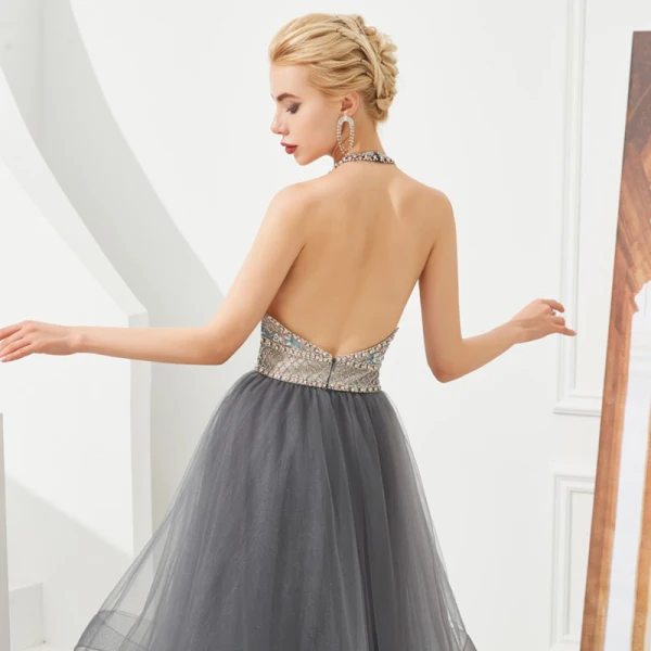 Luxury / Gorgeous Grey Evening Dresses 2019 A-Line / Princess Halter Sleeveless Beading Floor-Length / Long Cascading Ruffles Backless Formal Dresses