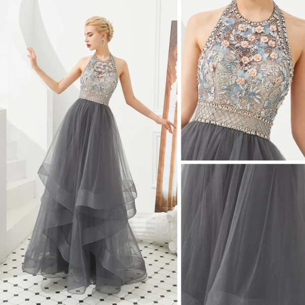 Luxury / Gorgeous Grey Evening Dresses 2019 A-Line / Princess Halter Sleeveless Beading Floor-Length / Long Cascading Ruffles Backless Formal Dresses