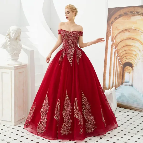 Chic / Beautiful Red Prom Dresses 2019 A-Line / Princess Off-The-Shoulder Short Sleeve Appliques Lace Backless Floor-Length / Long Formal Dresses