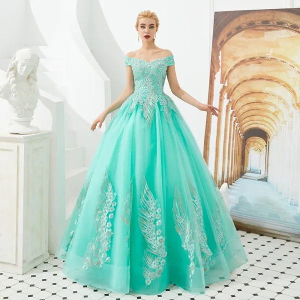 Chic / Beautiful Red Prom Dresses 2019 A-Line / Princess Off-The-Shoulder Short Sleeve Appliques Lace Backless Floor-Length / Long Formal Dresses