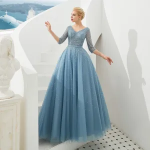 High End Pool Blue Evening Dresses 2019 A Line Princess V Neck 3 4 Sleeve Sash Beading Sequins Rhinestone Floor Length Long Ruffle Backless Formal Dresses