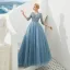 High End Blau Abendkleider 2019 A Linie V-Ausschnitt 3/4 Ärmel Stoffgürtel Perlenstickerei Pailletten Strass Lange Rüschen Rückenfreies Festliche Kleider