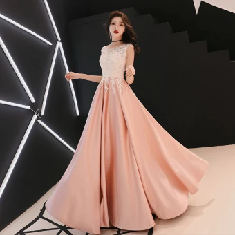 Abordable Perle Rose Satin Robe De Soirée 2019 Princesse Transparentes Encolure Dégagée Sans Manches Appliques En Dentelle Faux Diamant Longue Volants Robe De Ceremonie
