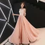 Affordable Pearl Pink Satin Evening Dresses  2019 A-Line / Princess See-through Scoop Neck Sleeveless Appliques Lace Rhinestone Floor-Length / Long Ruffle Formal Dresses