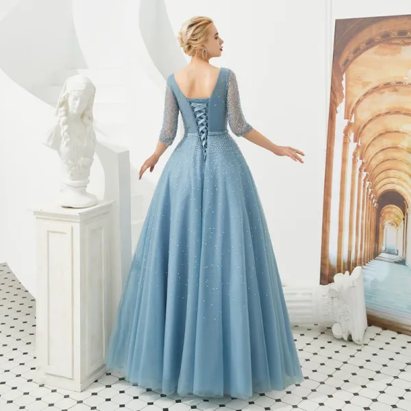 High End Blau Abendkleider 2019 A Linie V-Ausschnitt 3/4 Ärmel Stoffgürtel Perlenstickerei Pailletten Strass Lange Rüschen Rückenfreies Festliche Kleider