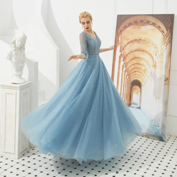 High End Blau Abendkleider 2019 A Linie V-Ausschnitt 3/4 Ärmel Stoffgürtel Perlenstickerei Pailletten Strass Lange Rüschen Rückenfreies Festliche Kleider