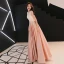Affordable Pearl Pink Satin Evening Dresses  2019 A-Line / Princess See-through Scoop Neck Sleeveless Appliques Lace Rhinestone Floor-Length / Long Ruffle Formal Dresses