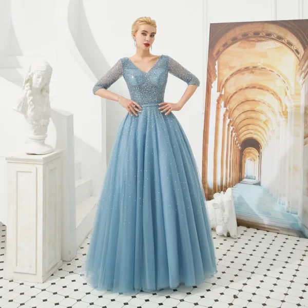 High End Blau Abendkleider 2019 A Linie V-Ausschnitt 3/4 Ärmel Stoffgürtel Perlenstickerei Pailletten Strass Lange Rüschen Rückenfreies Festliche Kleider