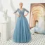 High End Blau Abendkleider 2019 A Linie V-Ausschnitt 3/4 Ärmel Stoffgürtel Perlenstickerei Pailletten Strass Lange Rüschen Rückenfreies Festliche Kleider