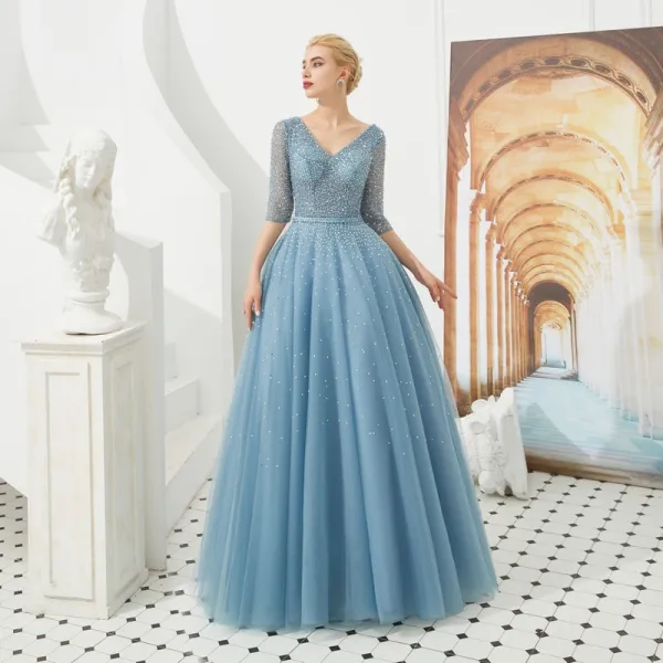 High End Blau Abendkleider 2019 A Linie V-Ausschnitt 3/4 Ärmel Stoffgürtel Perlenstickerei Pailletten Strass Lange Rüschen Rückenfreies Festliche Kleider
