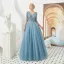 High End Blau Abendkleider 2019 A Linie V-Ausschnitt 3/4 Ärmel Stoffgürtel Perlenstickerei Pailletten Strass Lange Rüschen Rückenfreies Festliche Kleider