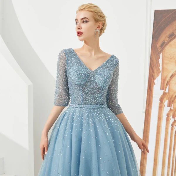 High End Blau Abendkleider 2019 A Linie V-Ausschnitt 3/4 Ärmel Stoffgürtel Perlenstickerei Pailletten Strass Lange Rüschen Rückenfreies Festliche Kleider
