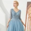 High End Blau Abendkleider 2019 A Linie V-Ausschnitt 3/4 Ärmel Stoffgürtel Perlenstickerei Pailletten Strass Lange Rüschen Rückenfreies Festliche Kleider