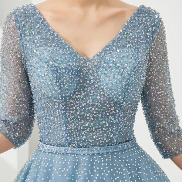 High End Blau Abendkleider 2019 A Linie V-Ausschnitt 3/4 Ärmel Stoffgürtel Perlenstickerei Pailletten Strass Lange Rüschen Rückenfreies Festliche Kleider