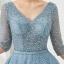 High End Blau Abendkleider 2019 A Linie V-Ausschnitt 3/4 Ärmel Stoffgürtel Perlenstickerei Pailletten Strass Lange Rüschen Rückenfreies Festliche Kleider