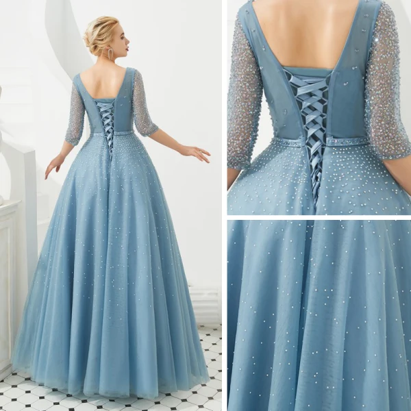 High End Blau Abendkleider 2019 A Linie V-Ausschnitt 3/4 Ärmel Stoffgürtel Perlenstickerei Pailletten Strass Lange Rüschen Rückenfreies Festliche Kleider
