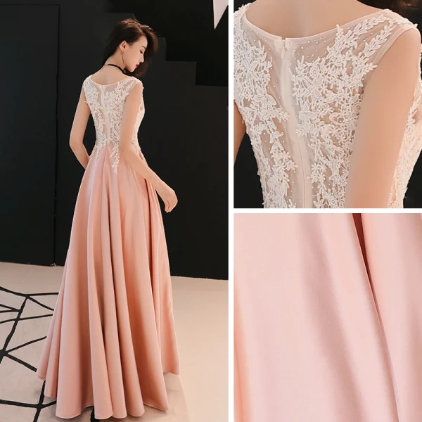 Affordable Pearl Pink Satin Evening Dresses 2019 A-Line / Princess See-through Scoop Neck Sleeveless Appliques Lace Rhinestone Floor-Length / Long Ruffle Formal Dresses