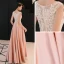Affordable Pearl Pink Satin Evening Dresses  2019 A-Line / Princess See-through Scoop Neck Sleeveless Appliques Lace Rhinestone Floor-Length / Long Ruffle Formal Dresses