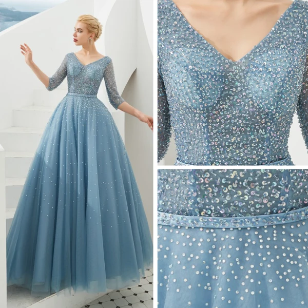 High End Blau Abendkleider 2019 A Linie V-Ausschnitt 3/4 Ärmel Stoffgürtel Perlenstickerei Pailletten Strass Lange Rüschen Rückenfreies Festliche Kleider