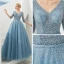 High End Blau Abendkleider 2019 A Linie V-Ausschnitt 3/4 Ärmel Stoffgürtel Perlenstickerei Pailletten Strass Lange Rüschen Rückenfreies Festliche Kleider