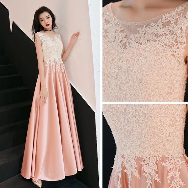 Affordable Pearl Pink Satin Evening Dresses 2019 A-Line / Princess See-through Scoop Neck Sleeveless Appliques Lace Rhinestone Floor-Length / Long Ruffle Formal Dresses