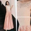 Affordable Pearl Pink Satin Evening Dresses  2019 A-Line / Princess See-through Scoop Neck Sleeveless Appliques Lace Rhinestone Floor-Length / Long Ruffle Formal Dresses