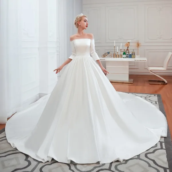 Affordable Modest / Simple Ivory Satin Wedding Dresses 2019 A-Line / Princess Off-The-Shoulder 3/4 Sleeve Backless Cathedral Train Ruffle