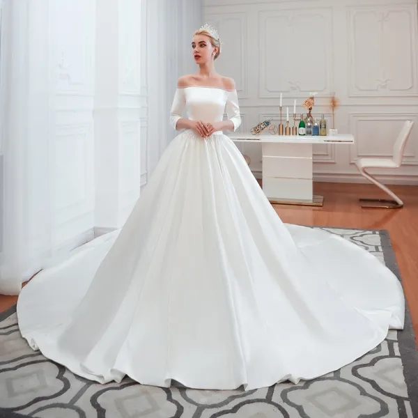 Affordable Modest / Simple Ivory Satin Wedding Dresses 2019 A-Line / Princess Off-The-Shoulder 3/4 Sleeve Backless Cathedral Train Ruffle