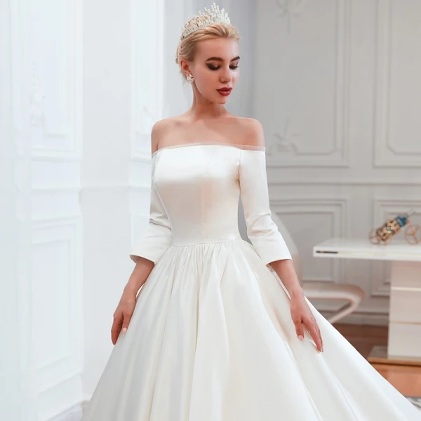 Affordable Modest / Simple Ivory Satin Wedding Dresses 2019 A-Line / Princess Off-The-Shoulder 3/4 Sleeve Backless Cathedral Train Ruffle
