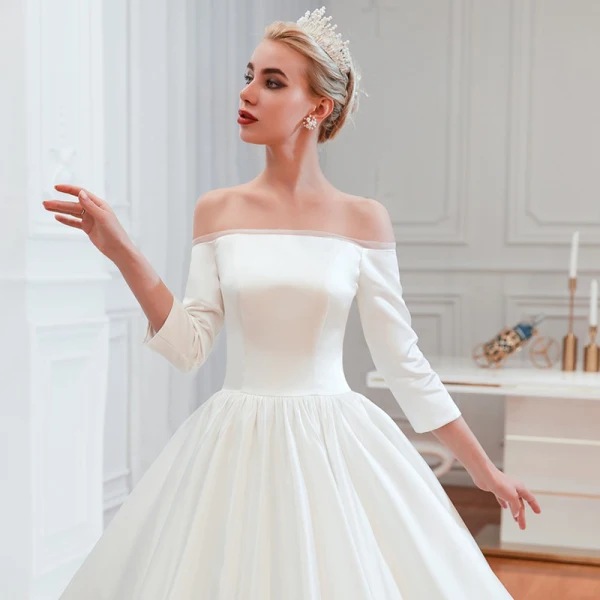 Affordable Modest / Simple Ivory Satin Wedding Dresses 2019 A-Line / Princess Off-The-Shoulder 3/4 Sleeve Backless Cathedral Train Ruffle