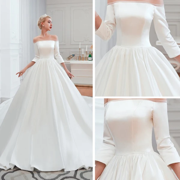 Affordable Modest / Simple Ivory Satin Wedding Dresses 2019 A-Line / Princess Off-The-Shoulder 3/4 Sleeve Backless Cathedral Train Ruffle