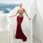 Haut de Gamme Bordeaux Robe De Soirée 2019 Trompette / Sirène Encolure Dégagée Manches Courtes Appliques En Dentelle Train De Balayage Volants Dos Nu Robe De Ceremonie