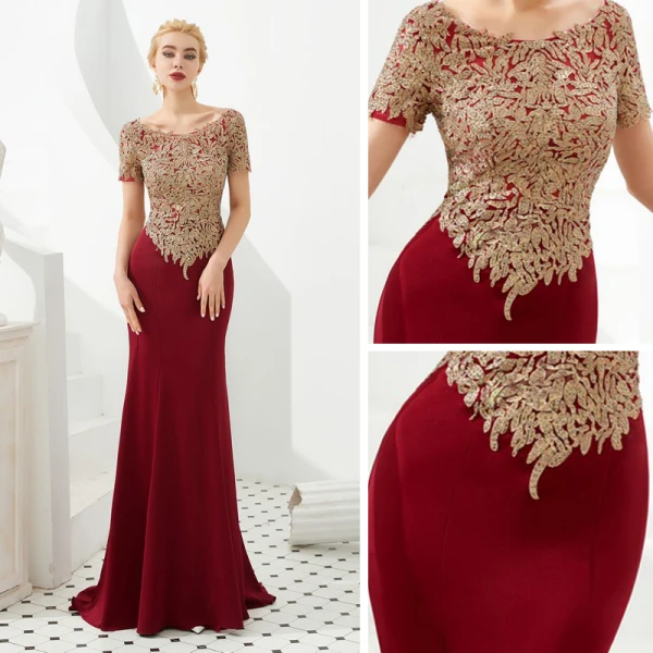 Haut de Gamme Bordeaux Robe De Soirée 2019 Trompette / Sirène Encolure Dégagée Manches Courtes Appliques En Dentelle Train De Balayage Volants Dos Nu Robe De Ceremonie