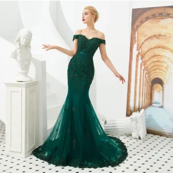 Élégant Vert Foncé Robe De Soirée 2019 Trompette Sirène De L 039 Épaule Manches Courtes Ceinture Appliques En Dentelle Perlage Train De Balayage Volants Dos Nu Robe De Ceremonie