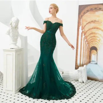 Elegant Dark Green Evening Dresses 2019 Trumpet Mermaid Off The Shoulder Short Sleeve Sash Appliques Lace Beading Sweep Train Ruffle Backless Formal Dresses