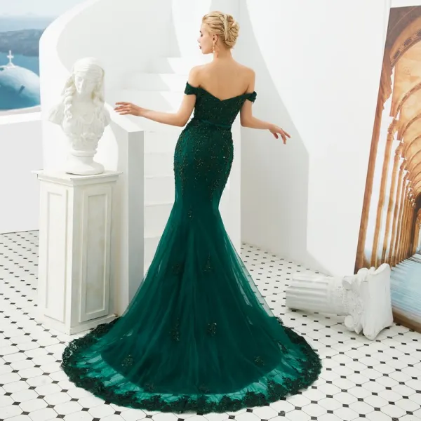 Elegant Dark Green Evening Dresses 2019 Trumpet / Mermaid Off-The ...