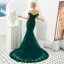 Elegant Dark Green Evening Dresses  2019 Trumpet / Mermaid Off-The-Shoulder Short Sleeve Sash Appliques Lace Beading Sweep Train Ruffle Backless Formal Dresses