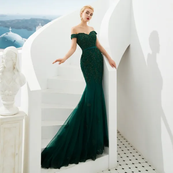 Elegant Dark Green Evening Dresses 2019 Trumpet / Mermaid Off-The-Shoulder Short Sleeve Sash Appliques Lace Beading Sweep Train Ruffle Backless Formal Dresses